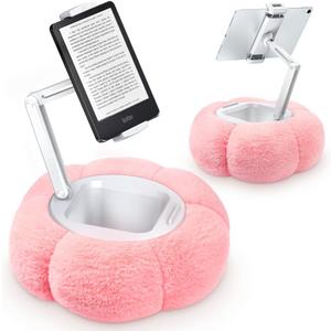 CreaDream Pumpkin Tablet Pillow Stand Holder for Kindle iPad, Adjustable Phone Pillow Stand for Lap Bed with Detachable Snack Bowl, Compatible with 4.7"-13" Tablet, iPad, iPhone, Samsung Tabs, Kindle (Pink)