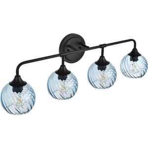 MELUCEE Bathroom Light Fixtures Black Vanity Light with Blue Striped Swirl Glass Shade, 4 Light Modern Wall Light Fixtures for Mirror Kitchen Living Room Bedroom Hallway