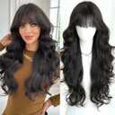 PARK YUN Black Hair Long Wavy Wig With Bangs 30 Inches Sthetic Thick Wig Heat Resistant Ladies Body Wave Wigs For Black Women Natural Looking Daily Party Use