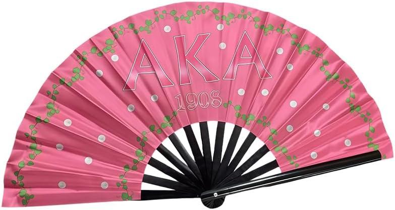 QCWN AKA Sorority Gifts for Women Large Clacking Fan for Line Dancing Alpha Kappa Alpha Paraphernalia Pink and Green Hand Fan Foldable Bamboo Popping Fans for Sisterhood Events Party
