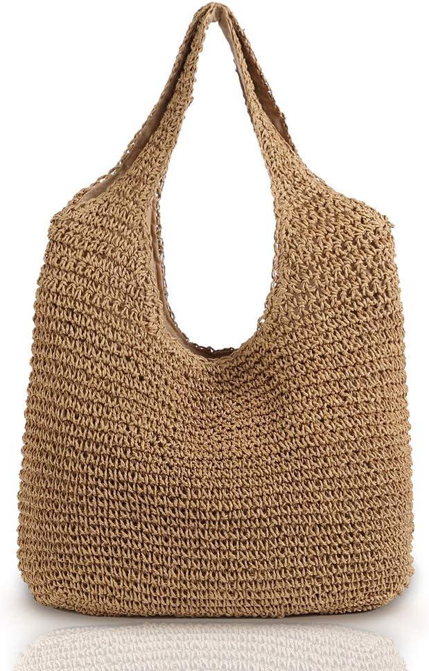 Hand-woven Soft Large Straw Shoulder Bag Boho Straw Handle Tote Retro Summer Beach Bag Rattan Handbag Beige/Khaki
