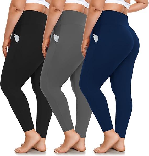 FULLSOFT 3 Pack Leggings with Pockets for Women,Soft High Waisted Tummy Control Workout Yoga Pants Size Extra Large, 