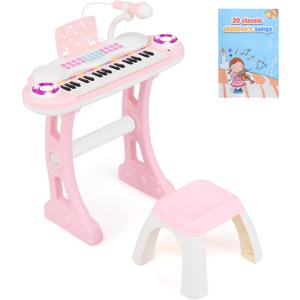 HONEY JOY Pink Kids Piano, 37-Key Kids Keyboard Piano w/ Book, Music Stand & Bench, Microphone, Lights, Portable Electronic Educational Musical Instrument, Gift for Girls Boys