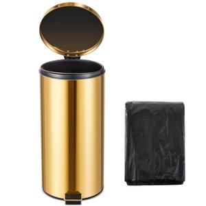 Reallnaive 30L/8GAL Gold Step Trash Can with 100 Garbage Bags Metallic Gold Brass Lidded Step Kitchen Garbage Bin with Lid Commercial Compact Waste Basket for Shopping Centers, Elevator Doors, Hotels