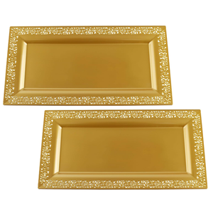 2 (pk) 14" x 7.5" Gold Lace Rim Plastic Serving Trays & Platters | Heavy Duty Disposable Decorative Dessert Tray - Party Platters for Upscale Parties Candy Cupcake Weddings