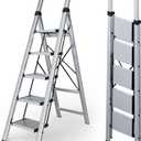 Taranta 5 Step Ladder, Portable Folding Ladder with Wide Pedal, Lightweight Aluminum Step Stool with Convenient Handgrip, 330 lbs Capacity Stepladder for Home, Office - Silver