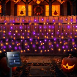 Purple Orange Solar Halloween Curtain Lights Outdoor 300 LED 19.6ft(L) x3.3ft(H) Vertically Extra Length Lights Curtain 8 Versatile Modes Waterproof for Halloween Holiday Decoration Fence Yard Garden