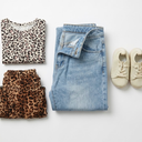 4-Piece Women's & Infant Fashion Bundle, Light-Wash Denim Jeans L, Short-Sleeve Leopard Print Top 3XL, Pleated Leopard Print Dress L, Cream Knit Infant Sneakers