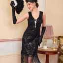 1920s Dresses for Women, Sequin Fringed Gatsby Flapper Cocktail Dresses with 20s Accessories Set, Roaring 20s Costumes (Black)