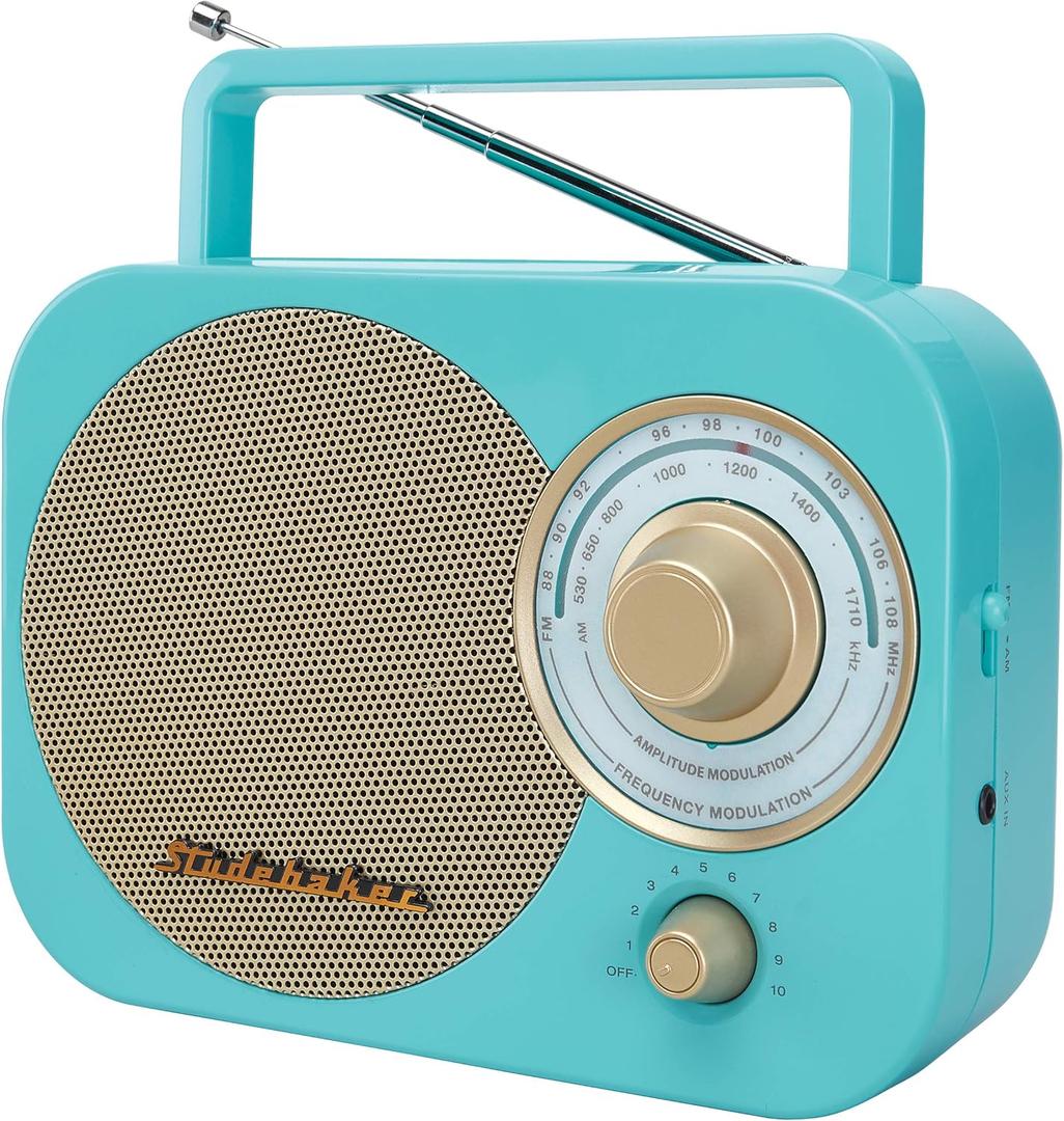 Studebaker SB2000TG Turquoise/Gold Retro Classic Portable AM/FM Radio with Aux Input Limited Edition
