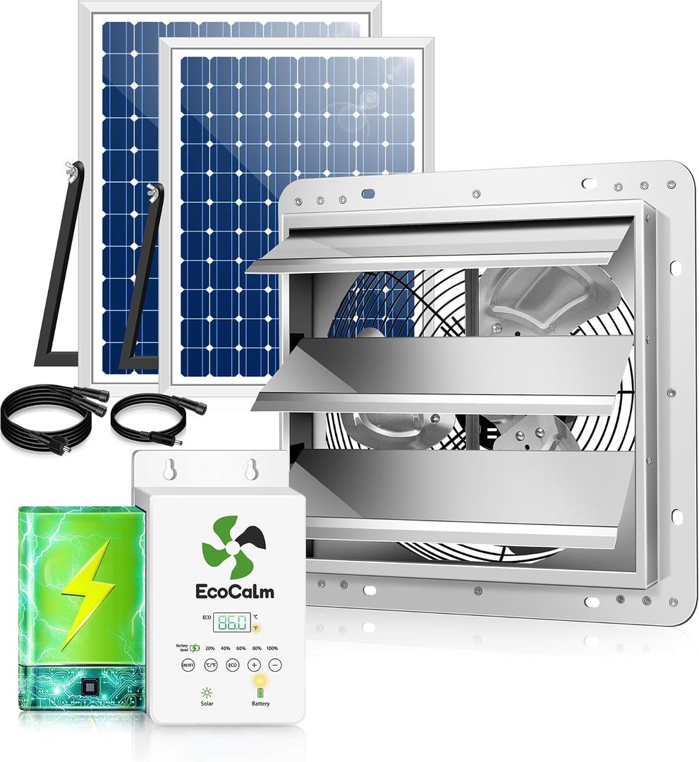 10" Solar Exhaust Fan for Greenhouse with Battery and Adjustable Thermostat, Attic Fans for Garage and Shed with 2PCS 15W Bifacial Solar Panels