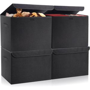 Bagnizer Large 22 Quart Linen Fabric Foldable Storage Bin Cube Organizer Basket with Flip-Top Lid & Handles, Clothes Blanket Box for Home, Office, Closet, Black, 4 Pack 14.6 x 9.5 x 9.5”