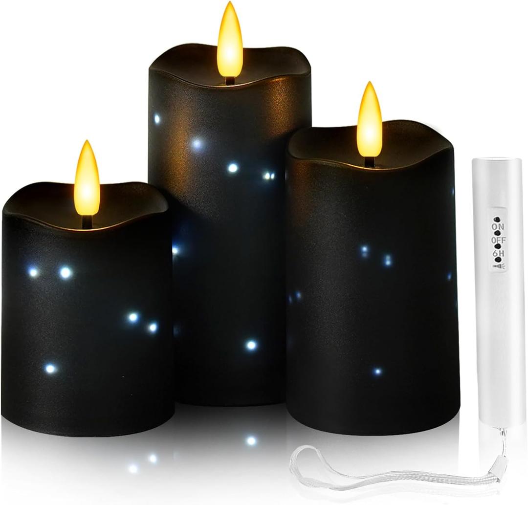 Flameless Candles Embeded Twinkle Starlight, Waterproof LED Flameless Candles with Remote, Plastics Realistic Pillar Candles for Home Decor, Outdoor Garden, Patio Decor 3pcsBlack