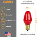 Sunlite 01275 7C7 Incandescent Bulb, 7 Watt, Candelabra E12 Base, C7 Small Night Light, Colored Bulb, Red, 25 Count