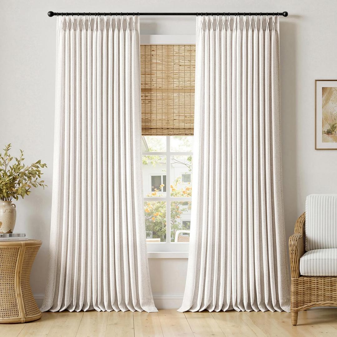 MIULEE 102 Inches Long Pinch Pleated Thick Linen Curtains 2 Panels for Living Room Bedroom, Memory Trained Linen Textured Drapes Pleat Back Tab Light Filtering Boho Natural Window Curtains with Hooks