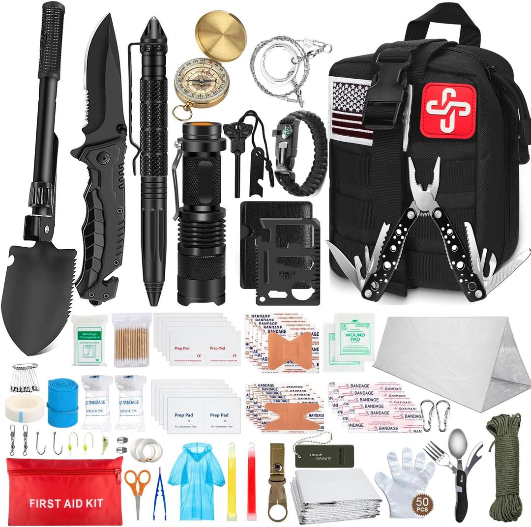 238Pcs Emergency Survival Kit and First Aid Kit, Professional Survival Gear Tool with Tactical Molle Pouch and Emergency Tent for Earthquake, Outdoor Adventure, Camping, Hiking, Hunting (B-Black(Included Shovel))