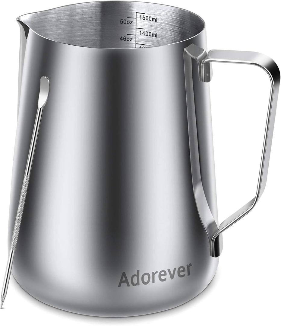 Milk Frothing Pitcher, 50oz Steaming Pitcher Stainless Steel Espresso Machine Accessories for Coffee Bar, Cappuccino Barista Tools Milk Jug Steamer Frother Cup with Decorating Latte Art Pen