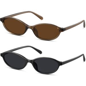 Retro Oval Sunglasses for Women Small Cat Eye Sun Glasses Womens Trendy Y2K Narrow Shades UV400 Protection CL009 (2 Pack Black/Black+Brown/Brown)
