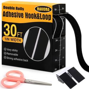 Navona 30Ft x 1 Inch Hook and Loop Strips with Adhesive, Double Rolls of Heavy Duty Self Adhesive Tape with Backing, Nylon Self Adhesive Tape for Home Office School and Crafting,Black