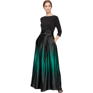 S.L. Fashions Womens 3/4 Sleeve Long Satin Mother of The Bride Dress with Pockets, Formal Party Gown (12 Petite, Black and Green)