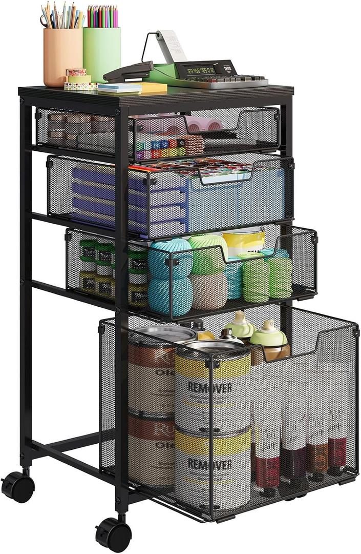 Rolling Storage Cart with Drawers, Utility Cart with Wooden Tabletop and Lockable Wheels Multifunctional Storage Organizer Craft Cart for Classroom, Bedroom, Bathroom, Office, Black