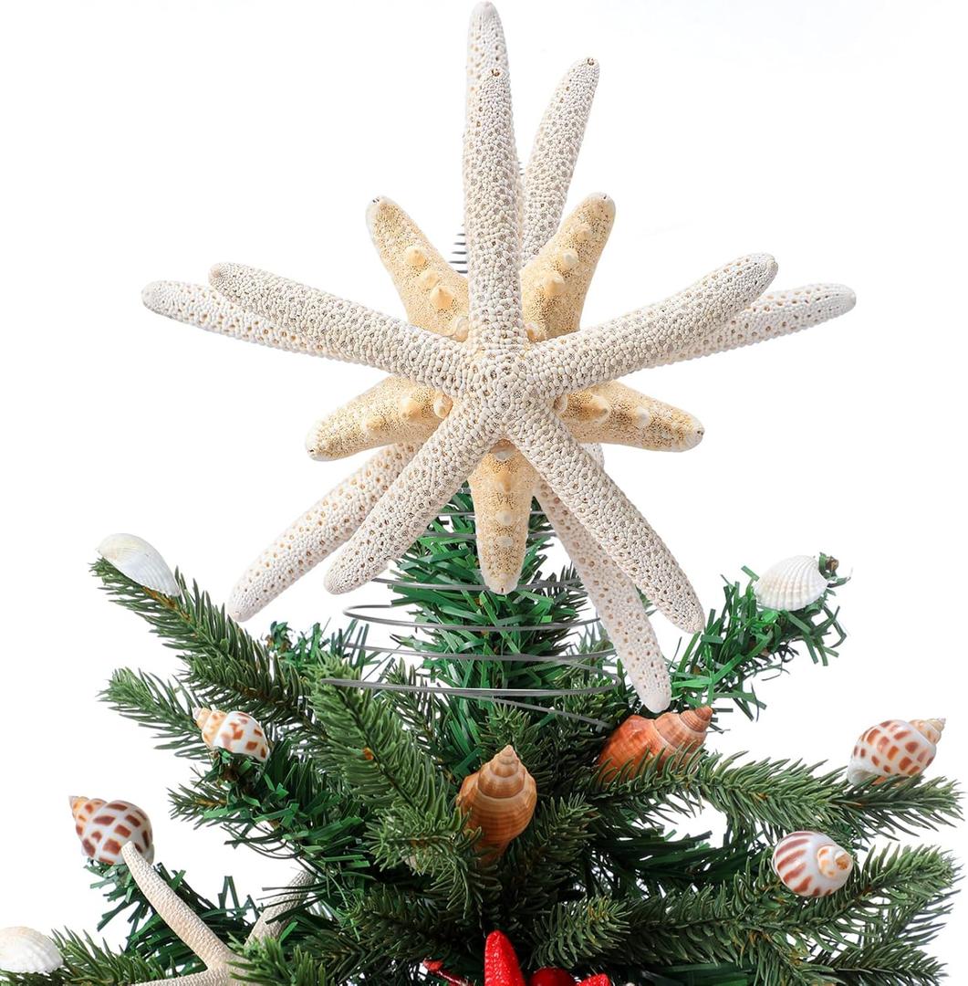 Demissle Natural Starfish Tree Topper Beach Christmas Tree Topper 6 Inch Starfish Treetop Decoration Coastal Christmas Holiday Decoration for Sea Beach Themed Xmas Home Decor