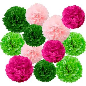 GAKA Pink and Green Tissue Paper Pom Poms, 12Pcs Hanging Pom Poms Flower Ball for Theme Party Birthday Wedding Decorations(10 inch and 12 inch)