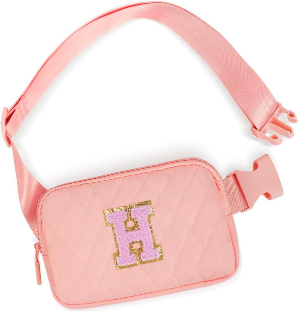 Monogrammed Gifts for Girls Women - Fashion Monogrammed Crossbody Bag Waist Pack, Fanny Pack for Kids Teen, Everywhere Belt Bag - Peach, Pink