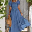 MASCOMODA Womens Summer Casual Midi Dress Square Neck Ruffle Short Sleeve Smocked High Waist A Line Wedding Guest Dresses (S)