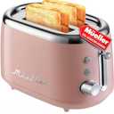 Mueller Retro Toaster 2 Slice with 7 Browning Levels and 3 Functions: Reheat, Defrost & Cancel, Stainless Steel Features, Removable Crumb Tray, Under Base Cord Storage, Pink