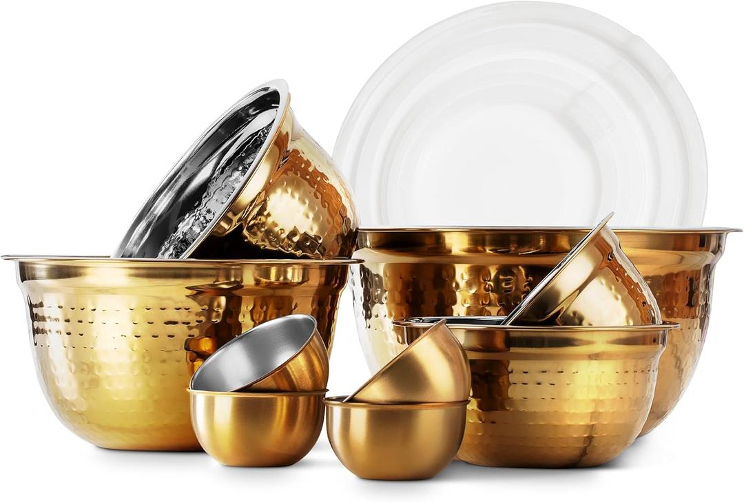 COOK WITH COLOR 18 Piece Mixing Bowls Set with Airtight Lids, Handcrafted Stainless Steel Bowls, Food Storage Containers, Meal Prep, Nesting Salad Bowls For Cooking, Baking, Kitchen, Gold- Hammered