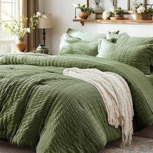 Zzlpp King Size Comforter Set 7 Pieces, Olive Green Seersucker Bed in a Bag with Sheets, All Season Bedding Sets with 1 Comforter, 2 Pillow Shams, 2 Pillowcases, 1 Flat Sheet, 1 Fitted Sheet