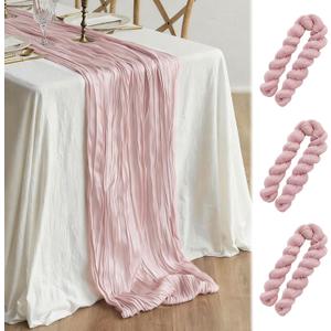 3 Pcs Dusty Pink Cheesecloth Table Runner, 35"120" Cheese Cloth Boho Gauze Rustic Sheer Table Runner, Table Decorations for Valentine'Day Wedding Bridal Baby Shower Birthday Holiday Home Decor
