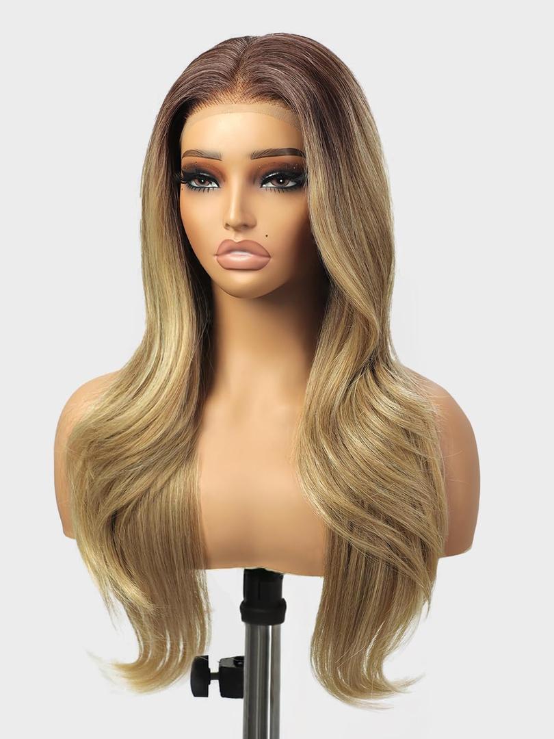 cuiud Blond Synthetic Lace Front Wig for Women 134 HD Glueless Wigs Pre Plucked 26inch Ombre Blonde Layered Wave Wigs for Daily Part Beginner Friendly