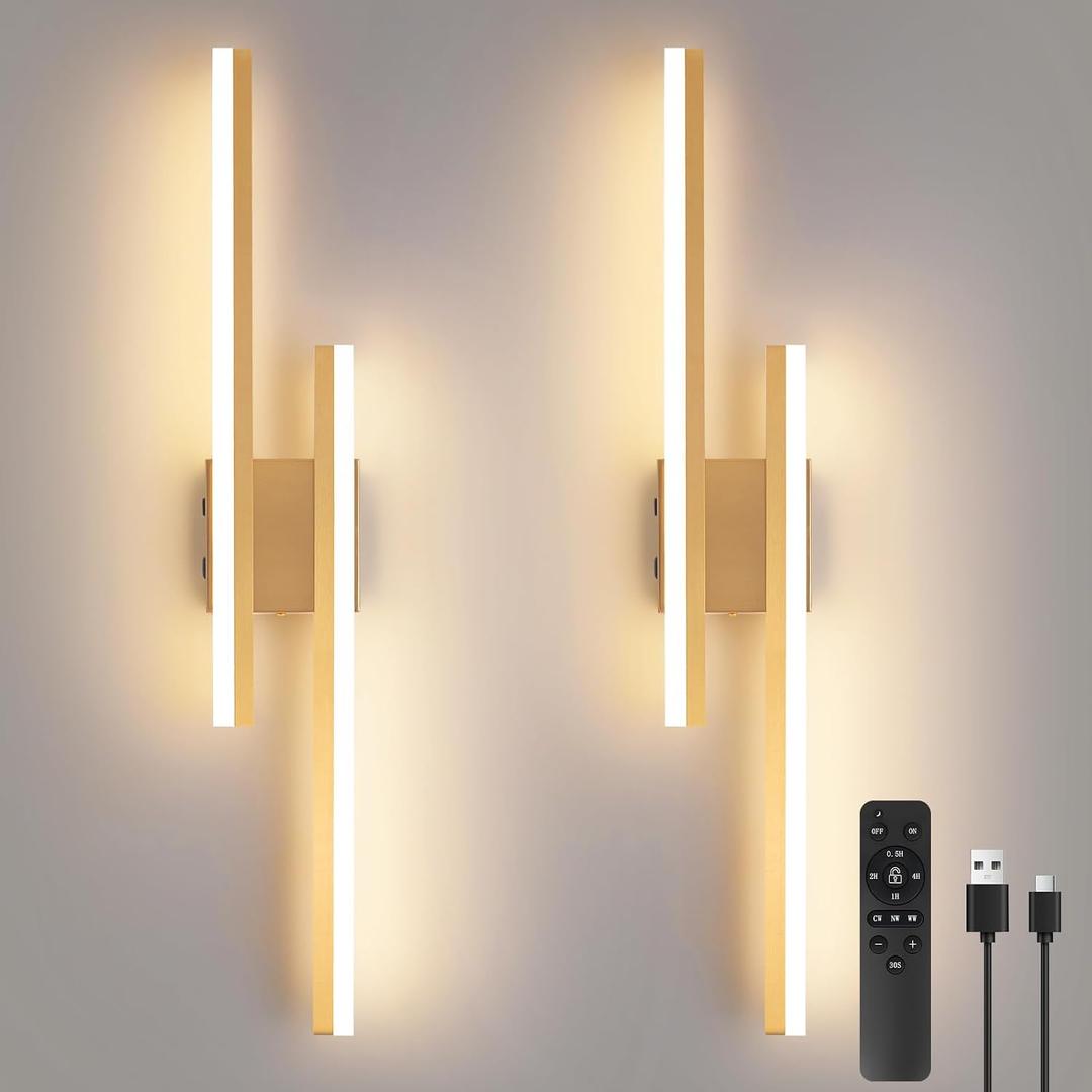 Modern Battery Operated Wall Sconce Set of Two,Gold Wall Light with Remote,Rechargeable LED Wall Lamp Indoor for Bathroom Living Room Bedroom Corridor