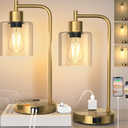 QiMH Set of 2 Industrial Touch Control Table Lamps with 2 USB Ports and 2 AC Outlets, 3-Way Dimmable Bedside Nightstand Reading Lamps with 2700K LED Bulbs, Glass Desk Lamp for Living Room,Bedroom