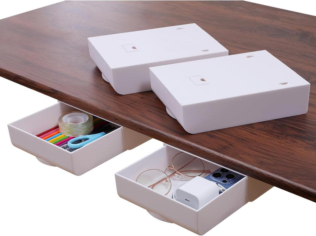 4 Pack Under Desk Drawer Self-Adhesive Desktop Storage Organizer, Hidden Attachable Slide Out Desk Drawer, Under Table Tray for Pencil Pen Stationery Office Organization, White (4pcs-Upgrade)