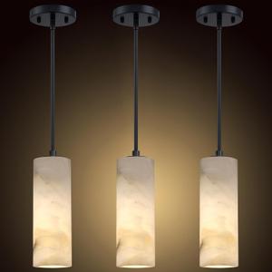 1 Light Modern Industrial Farmhouse Hanging Kitchen Island Pendant Ceiling Light Fixture, Cylinder Natural Alabaster Marble Black Finish Over Sink Restaurant bar Corridor (3 Pack)
