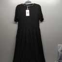 ZESICA Womens 2025 Summer Short Sleeve Midi Dresses Casual Crew Neck Knit Belted Pleated A Line Flowy Wedding Guest Dress (Black, Medium)