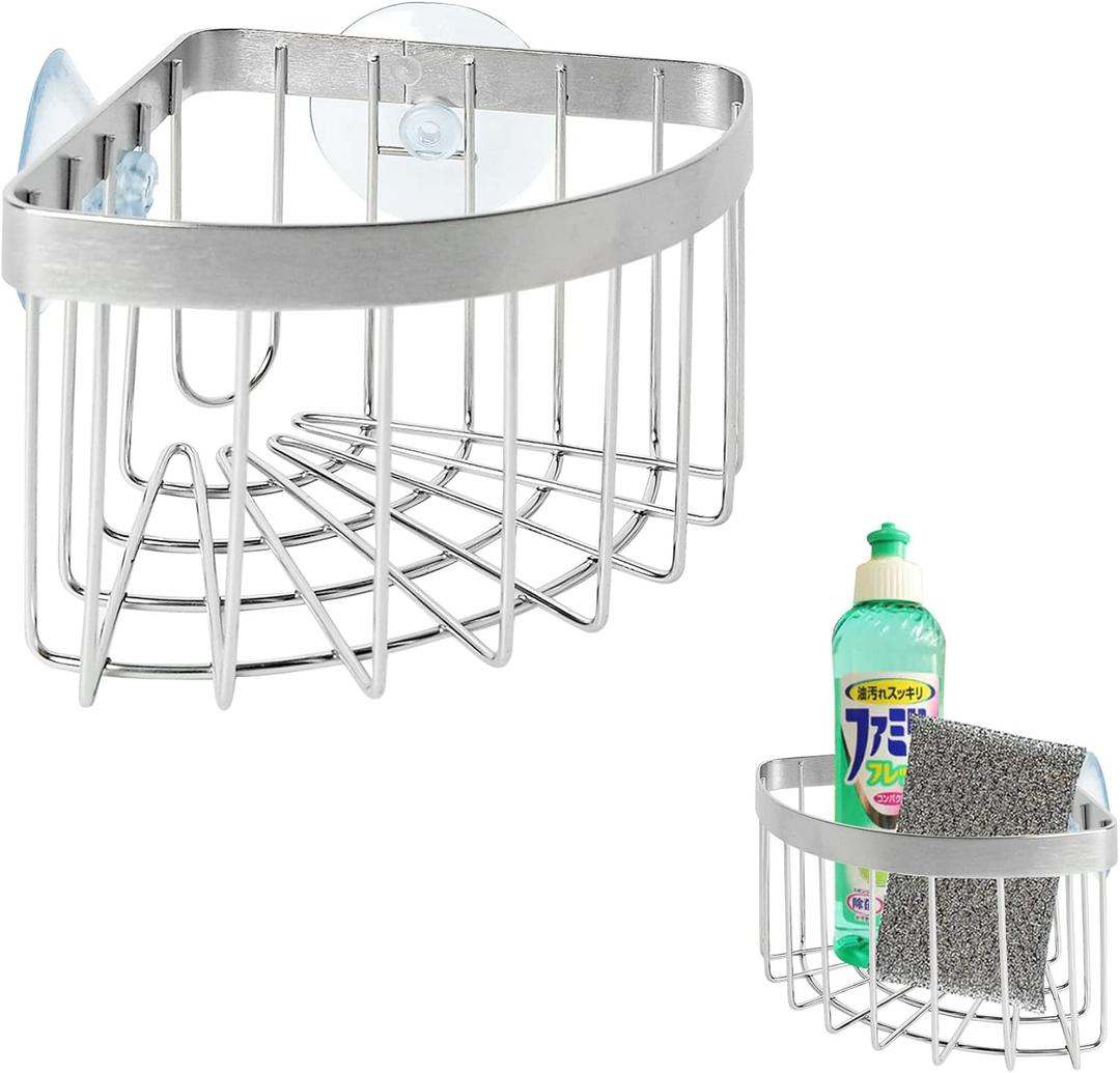 Sink Caddy, Dish Cloth Hanger Sponge Holder, Save Space Triangle 2-in-1 Sink Caddy, 304 Stainless Steel Corner Kitchen Sink Organizer, No Drilling with 2Pcs Suckers