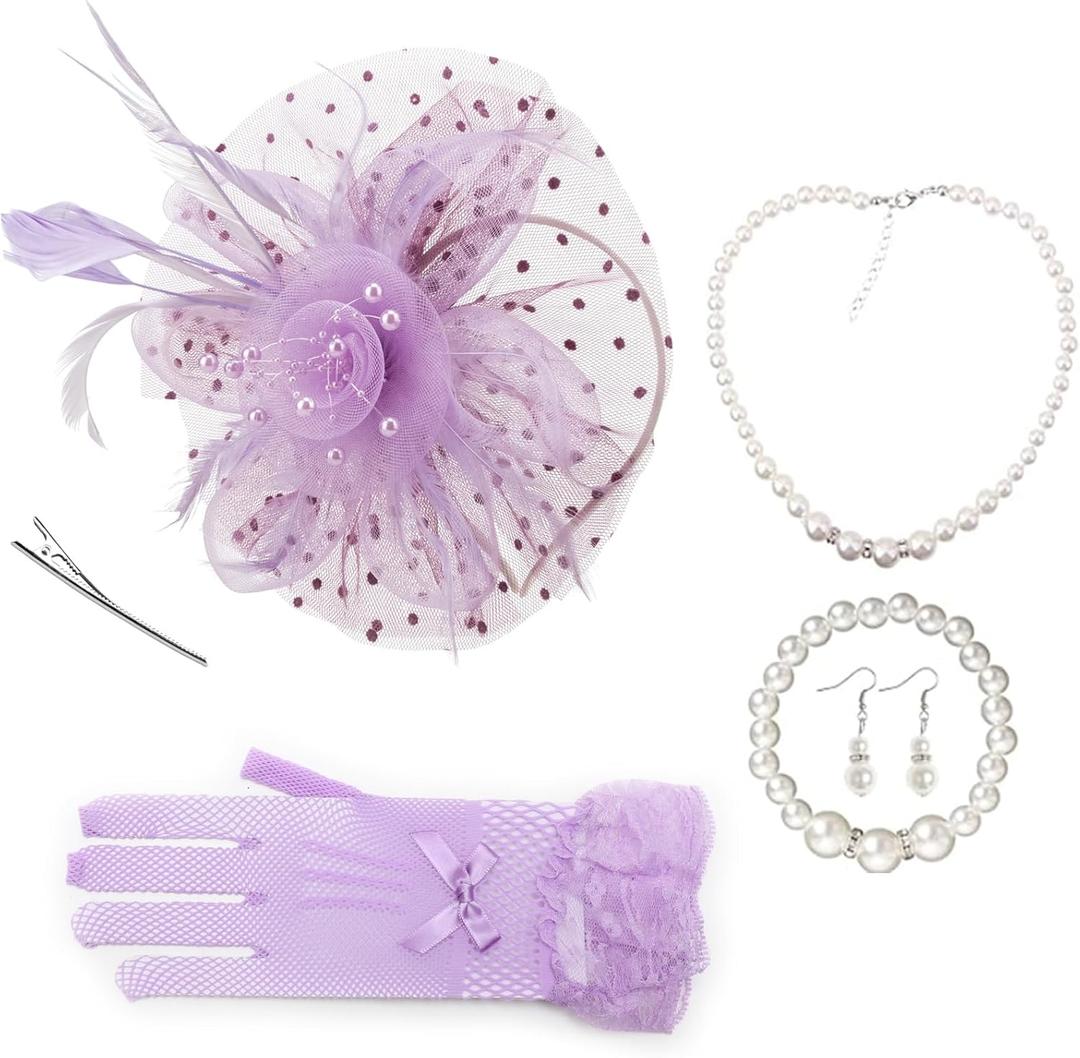AQOKKA Women Fascinators Hats Veil Mesh Tea Party Derby Hat Bow Lace Gloves Pearl Jewelry Set for Women Cocktail Wedding (Light Purple)  