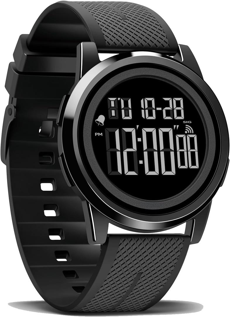Men Digital Watch Thin Sports Waterproof Outdoor LED Screen Large Face Wrist Watches for Men with Back Light Alarm Date Stopwatch (Black)