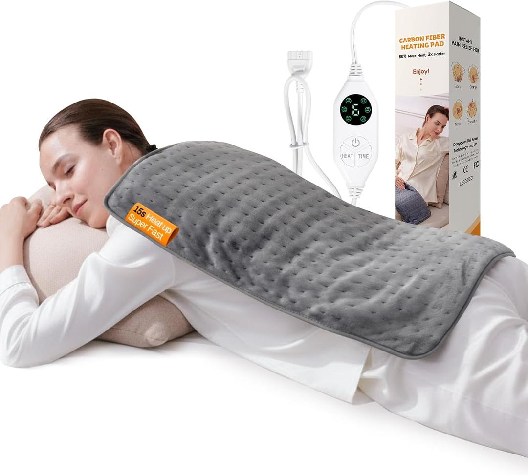 Super-Fast Heat Up Carbon Fiber Heating Pad: Back, Neck, Shoulder, Period Cramps Pain Relief, Muscle Relief, Deeper Relax, Moist/Dry Heat, Auto-Off, Machine Washable(Charcoal Grey-UPGRADED, 12" x 24")