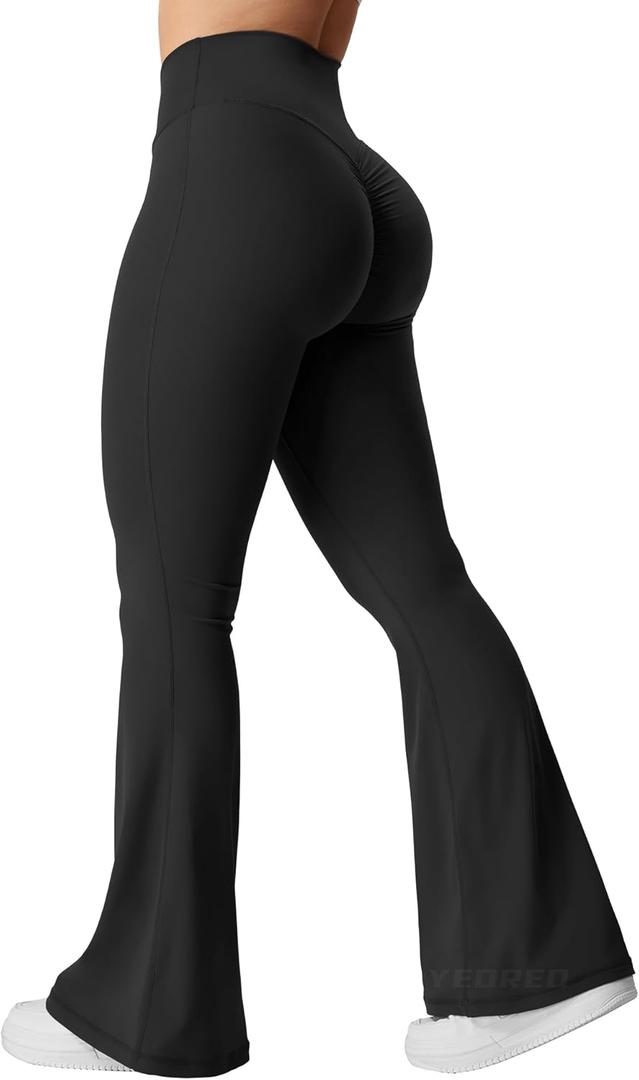 YEOREO Kalie Flare Scrunch Leggings for Women V Cross Waist Bell Bottom Yoga Pants Tummy Control Bootcut Workout Leggings (Medium, Black)