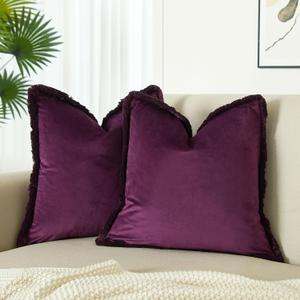 JUSPURBET Pack of 2 Eggplant Decorative Fringe Velvet Throw Pillow Covers 26x26 for Home Decor Living Room Bedroom Car Boho Soft Cushion Cover with Hidden Zipper Machine Washable