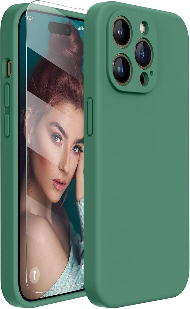 Miracase Designed for iPhone 14 Pro Max Phone Case with Screen Protector,[Upgraded Enhanced Camera Protection],Shockproof Liquid Silicone Case with Microfiber Lining,6.7 inch, Acacia Green