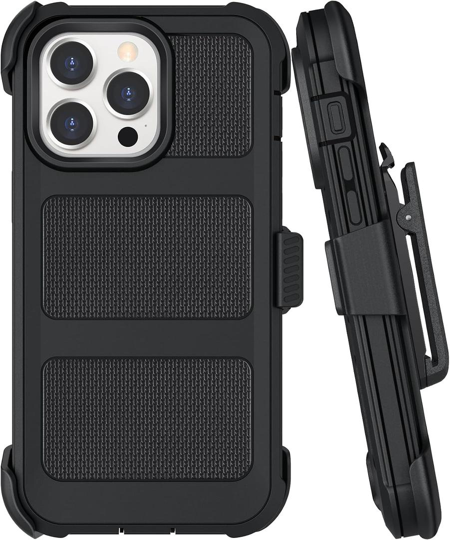 Belt Clip Holster Compatible with iPhone 15 Pro Max Defender Case with 360 Rotating Stand - Heavy Duty Protection Anti-Drop Shockproof, Black