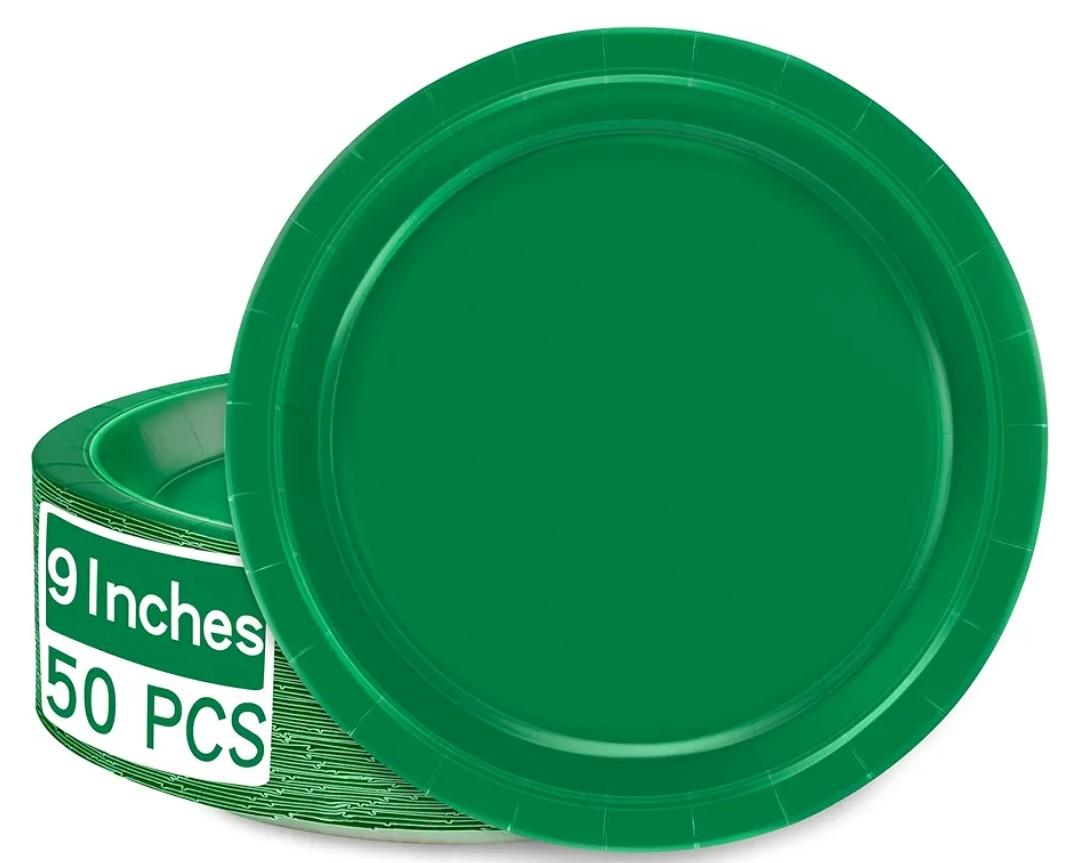 QZYL 50 PCS Disposable Paper Plates, 9 Inches Dinner Paper Plates Set, Green Heavy Duty Tableware, Round Dinnerware for Daily Use Picnic Anniversary Birthday St Patricks Day Party Supplies