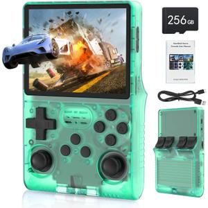 FVBADE[30000 in 1] R40S PRO Handheld Game Console 3.5 inch IPS Screen Mini Retro Console 3800mAh Portable Pocket Arcade 45+ Mainstream Emulator 256G TF Card Transparent.(Green)