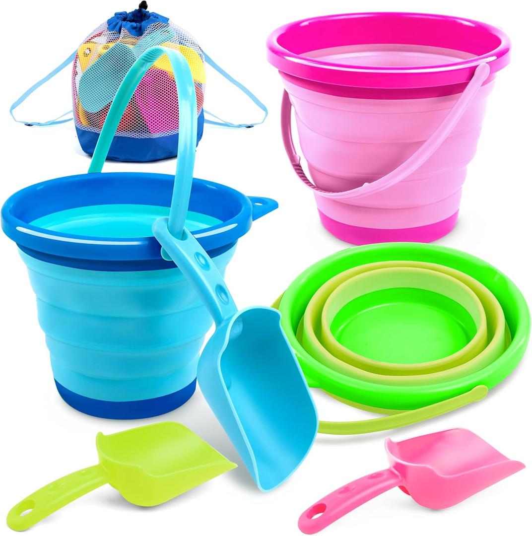 JOYIN 3 Packs Foldable Pail Bucket with Shovels & Mesh Bag, Collapsible Buckets Multi Purpose for Beach, Camping Gear, Beach Party, Fishing, and Fun Summer Activities (Blue/Pink/Green)